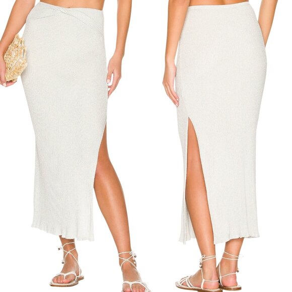 Devon Windsor - Women’s ‘Kade’ Midi Skirt, Metallic Ribbed, Slit - Silver Small - Picture 1 of 14